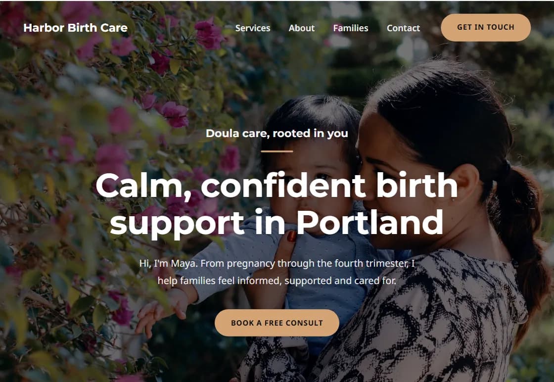 Bloom doula website design in the Clay palette