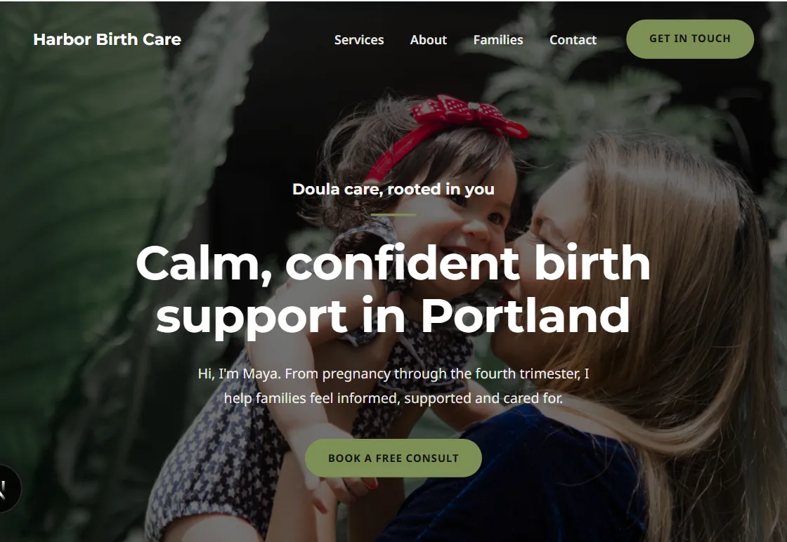 Bloom doula website design in the Moss palette