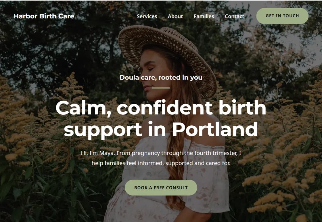 Bloom doula website design in the Sage palette