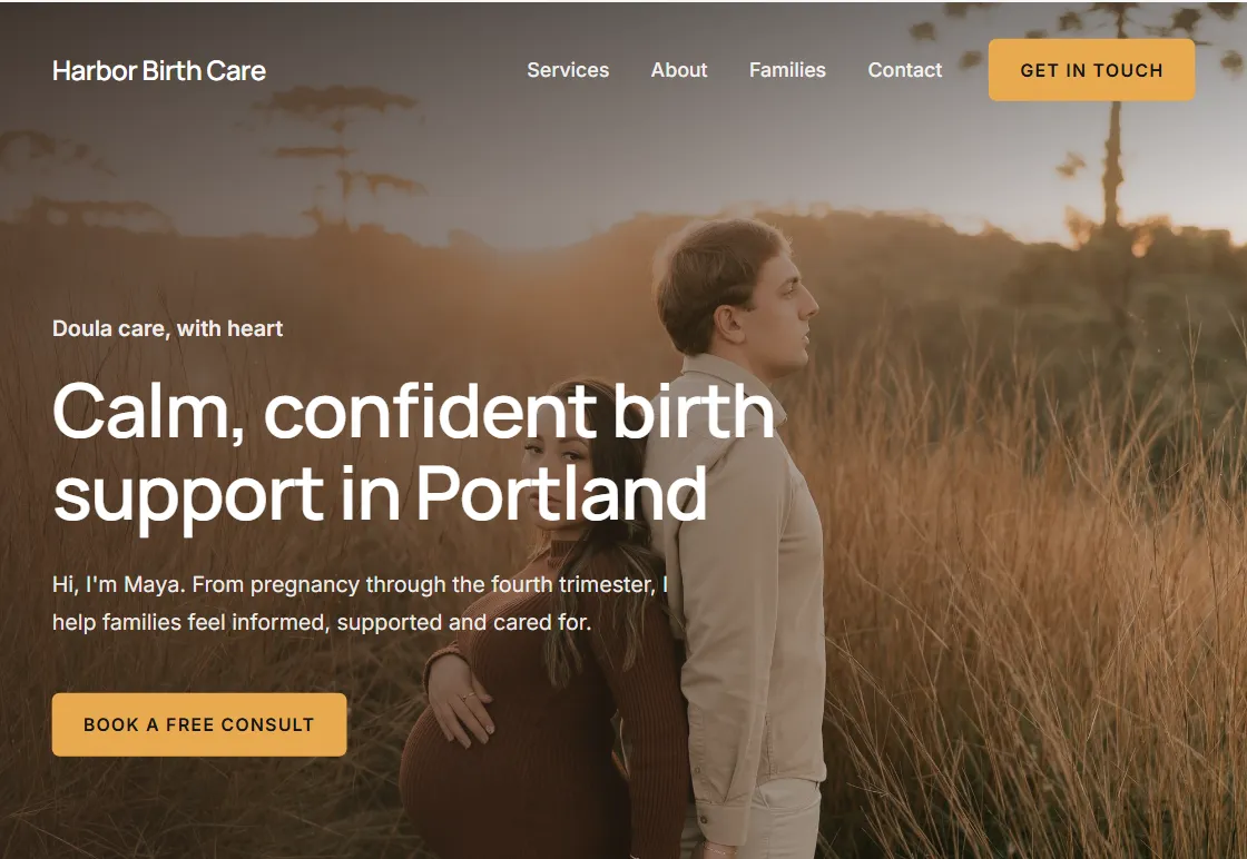 Golden Hour doula website design in the Amber palette