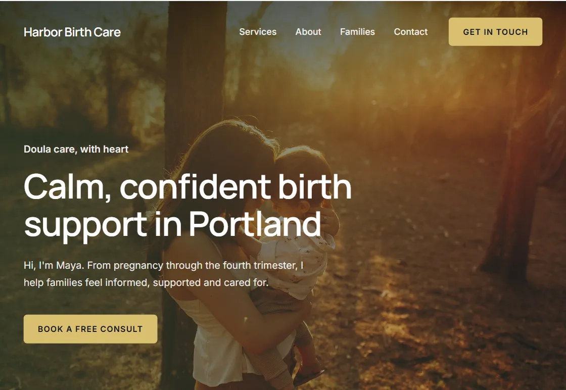Golden Hour doula website design in the Meadow palette