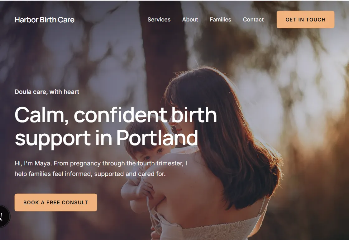 Golden Hour doula website design in the Twilight palette