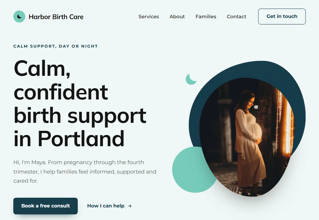 Moonrise doula website design in the Aurora palette