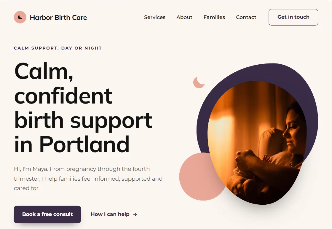 Moonrise doula website design in the Dawn palette