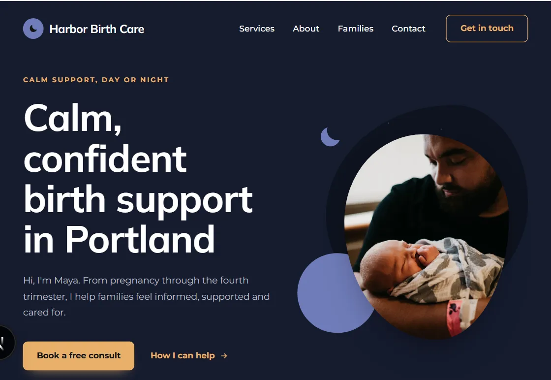 Moonrise doula website design in the Midnight palette