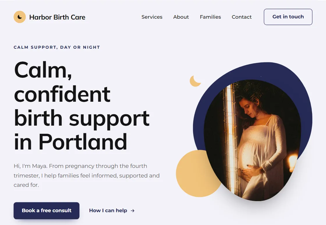 Moonrise doula website design in the Twilight palette